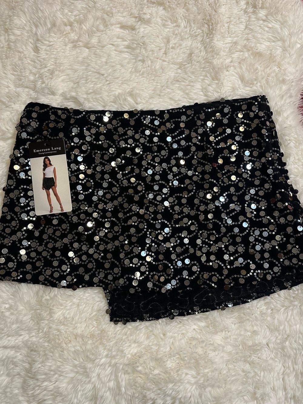 Emerson Lang Black Silver Sequin Mini Skort L Party Clubwear NWT - Picture 10 of 11